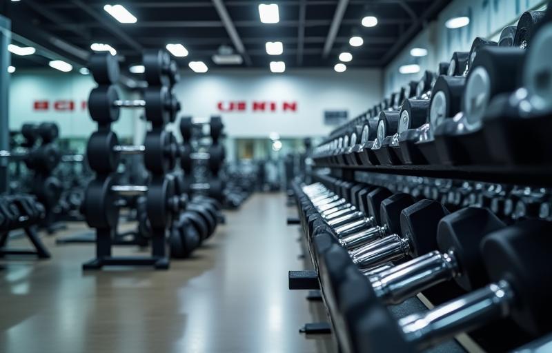 Free weights area with dumbbells and barbells