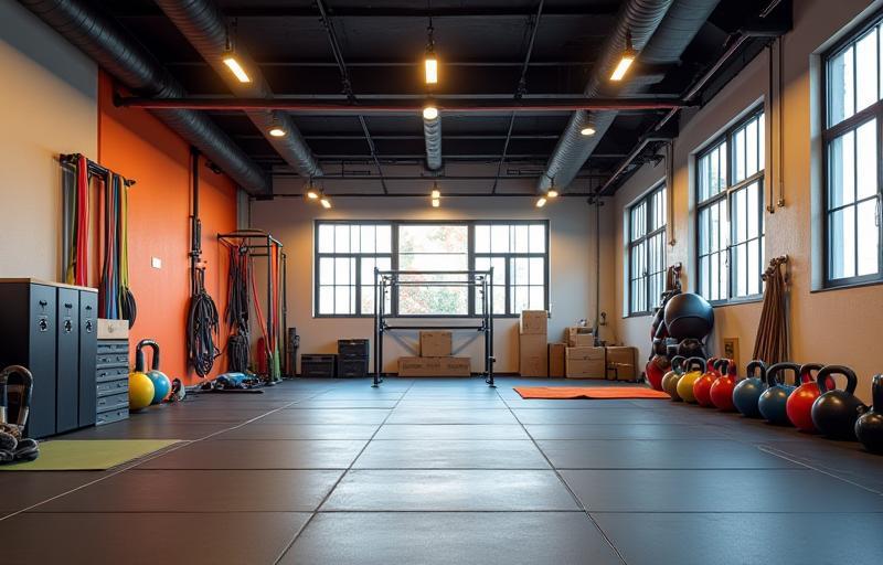 Functional training area with resistance bands and kettlebells